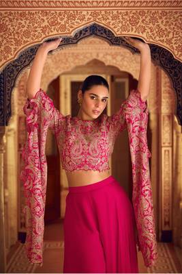 Pink embroidery sequins with stone chinon silk blouse palazzo - free size stitched(size upto 42") 2