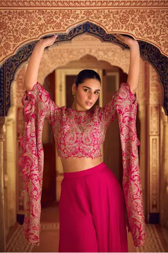Pink embroidery sequins with stone chinon silk blouse palazzo - free size stitched(size upto 42")