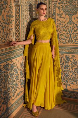 Yellow embroidery sequins with stone chinon silk blouse palazzo - free size stitched(size upto 42") 1