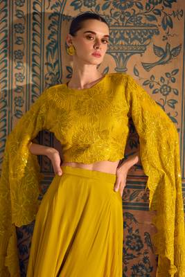 Yellow embroidery sequins with stone chinon silk blouse palazzo - free size stitched(size upto 42") 2