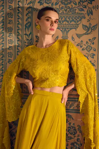Yellow embroidery sequins with stone chinon silk blouse palazzo - free size stitched(size upto 42")