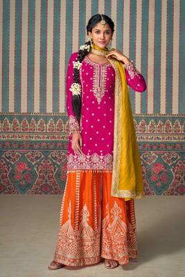 Pink embroidery sequins with mirror chinon silk straight palazzo - free size stitched(size upto 42") 1