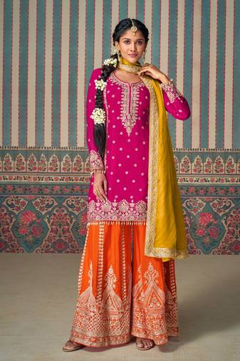 Pink embroidery sequins with mirror chinon silk straight palazzo - free size stitched(size upto 42")