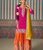 Pink embroidery sequins with mirror chinon silk straight palazzo - free size stitched(size upto 42")