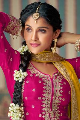 Pink embroidery sequins with mirror chinon silk straight palazzo - free size stitched(size upto 42") 2