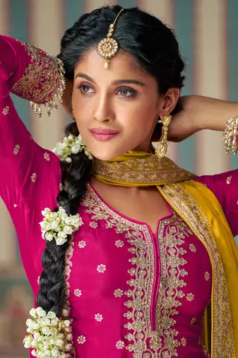 Pink embroidery sequins with mirror chinon silk straight palazzo - free size stitched(size upto 42")