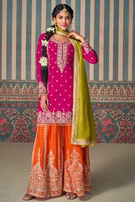 Pink embroidery sequins with mirror chinon silk straight palazzo - free size stitched(size upto 42") 1
