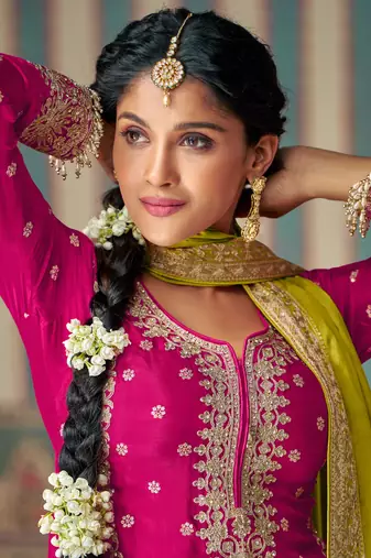 Pink embroidery sequins with mirror chinon silk straight palazzo - free size stitched(size upto 42")