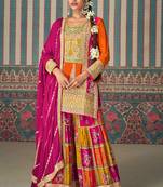 Orange embroidery sequins with mirror chinon silk straight palazzo - free size stitched(size upto 42")