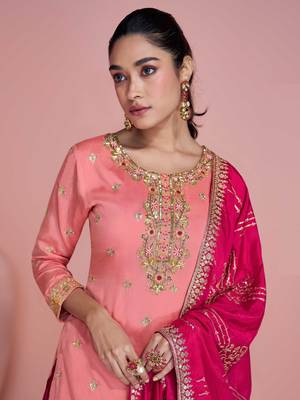 Peach embroidery sequins chinon silk straight sharara - free size stitched(size upto 42") 2
