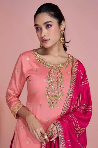 Peach embroidery sequins chinon silk straight sharara - free size stitched(size upto 42")