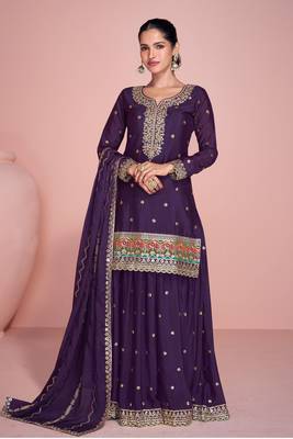 Purple embroidery sequins chinon silk straight sharara - free size stitched(size upto 42") 1