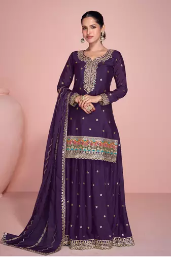 Purple embroidery sequins chinon silk straight sharara - free size stitched(size upto 42")