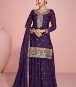 Purple embroidery sequins chinon silk straight sharara - free size stitched(size upto 42")