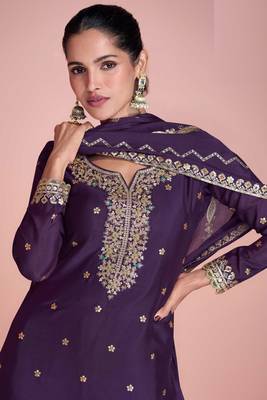 Purple embroidery sequins chinon silk straight sharara - free size stitched(size upto 42") 2