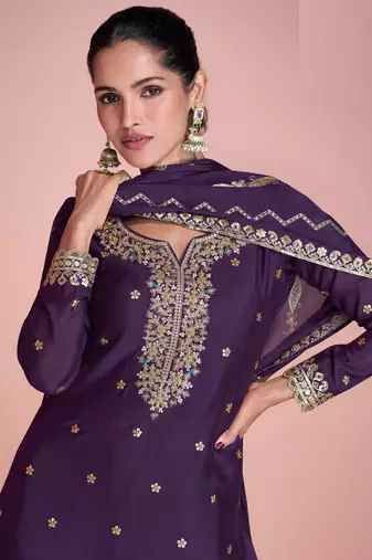 Purple embroidery sequins chinon silk straight sharara - free size stitched(size upto 42")