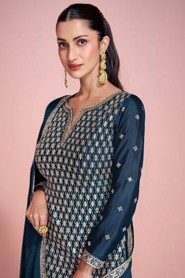 Blue embroidery sequins chinon silk straight sharara - free size stitched(size upto 42") 2