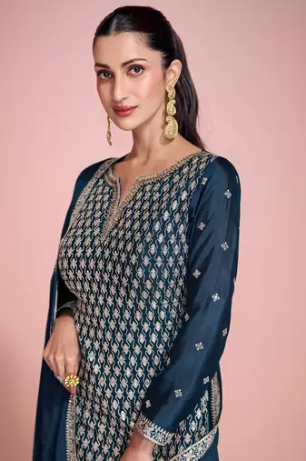 Blue embroidery sequins chinon silk straight sharara - free size stitched(size upto 42")