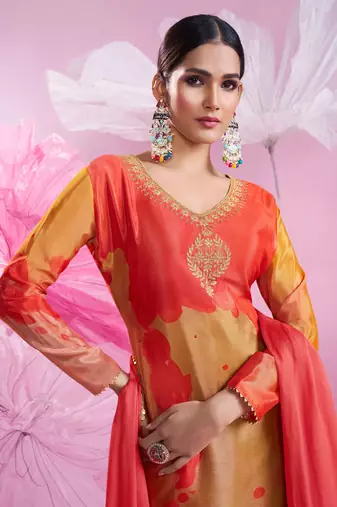 Orange embroidery sequins and printed chinon silk straight palazzo - free size stitched(size upto 42")