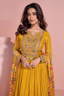 Mustard zari embroidery and bead chinon silk gown - free size stitched(size upto 42") 2