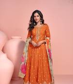 Orange zari embroidery and bead chinon silk gown - free size stitched(size upto 42")