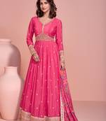 Pink zari embroidery and bead chinon silk gown - free size stitched(size upto 42")