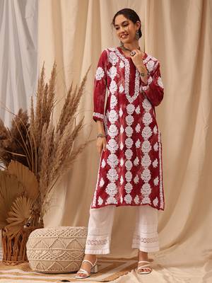 Hand embroidered red rayon lucknowi chikankari straight kurta 1