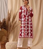 Hand embroidered red rayon lucknowi chikankari straight kurta