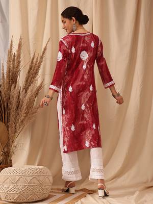 Hand embroidered red rayon lucknowi chikankari straight kurta 2