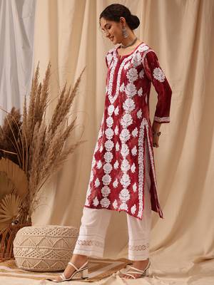 Hand embroidered red rayon lucknowi chikankari straight kurta 3