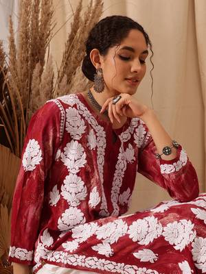 Hand embroidered red rayon lucknowi chikankari straight kurta 4
