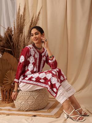 Hand embroidered red rayon lucknowi chikankari straight kurta 5