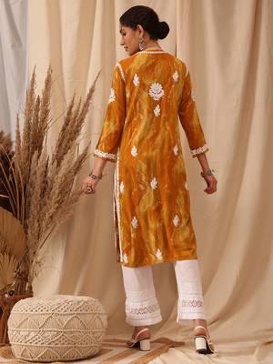 Hand embroidered mustard rayon lucknowi chikankari straight kurta 2