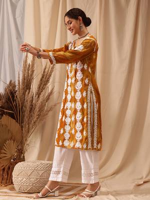 Hand embroidered mustard rayon lucknowi chikankari straight kurta 3