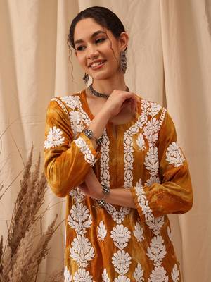 Hand embroidered mustard rayon lucknowi chikankari straight kurta 4