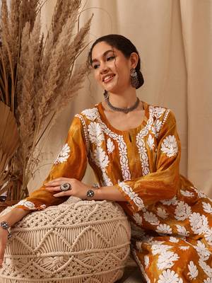 Hand embroidered mustard rayon lucknowi chikankari straight kurta 5