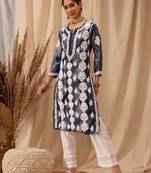 Blue Embroidered Rayon chikankari kurta