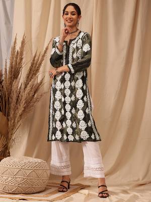 Olive green Embroidered Rayon Chikankari kurta 1