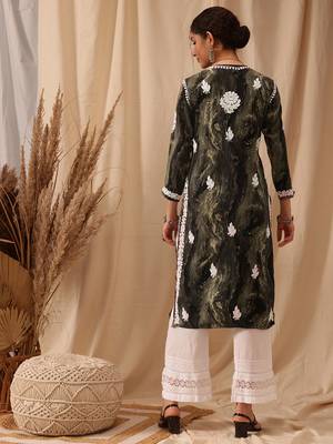 Olive green Embroidered Rayon Chikankari kurta 2