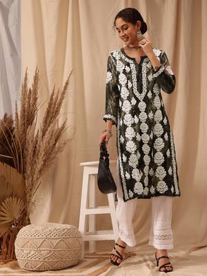 Olive green Embroidered Rayon Chikankari kurta 3