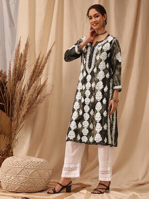 Olive green Embroidered Rayon Chikankari kurta 4
