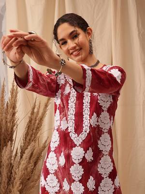 Hand embroidered red rayon lucknowi chikankari straight kurta 6