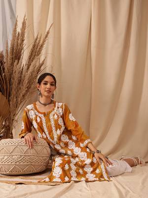 Hand embroidered mustard rayon lucknowi chikankari straight kurta 6