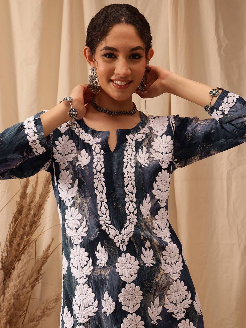 Blue Embroidered Rayon chikankari kurta