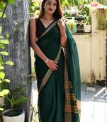 Dark green Soft Pure Cotton Saree with Blouse piece