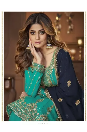 Sky blue heavy georgette indowestern wedding kurti & skirt set
