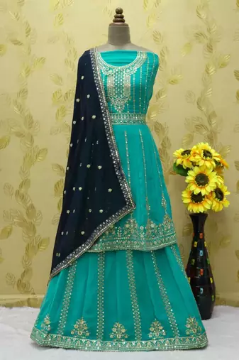 Sky blue heavy georgette indowestern wedding kurti & skirt set