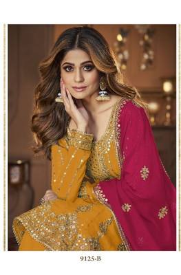 Yellow  heavy georgette indowestern wedding kurti & skirt set 2