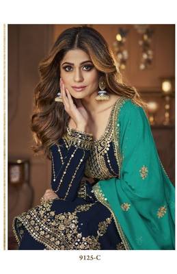 Navy blue heavy georgette indowestern wedding kurti & skirt set 2