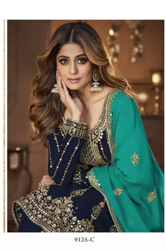 Navy blue heavy georgette indowestern wedding kurti & skirt set